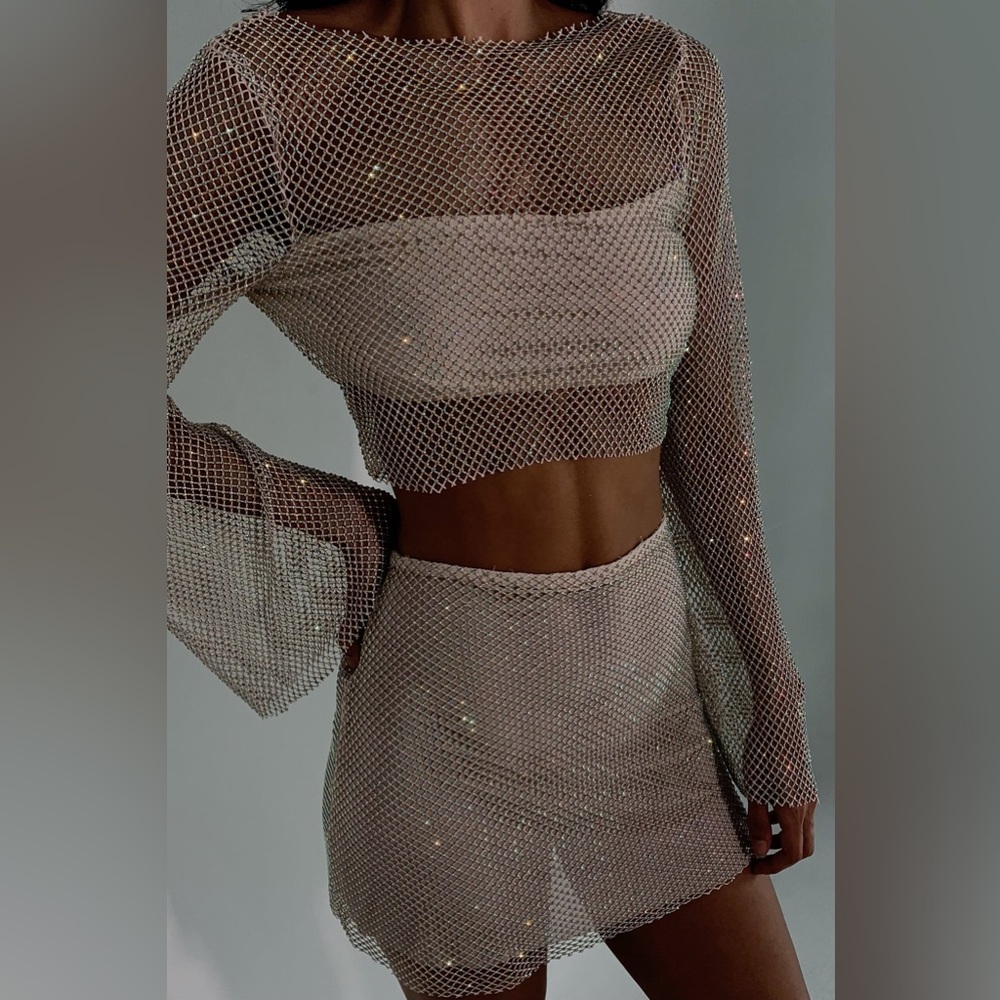 MESHKI Hilton Diamante Mesh Mini Skirt- Cream- Size L Never worn with tags